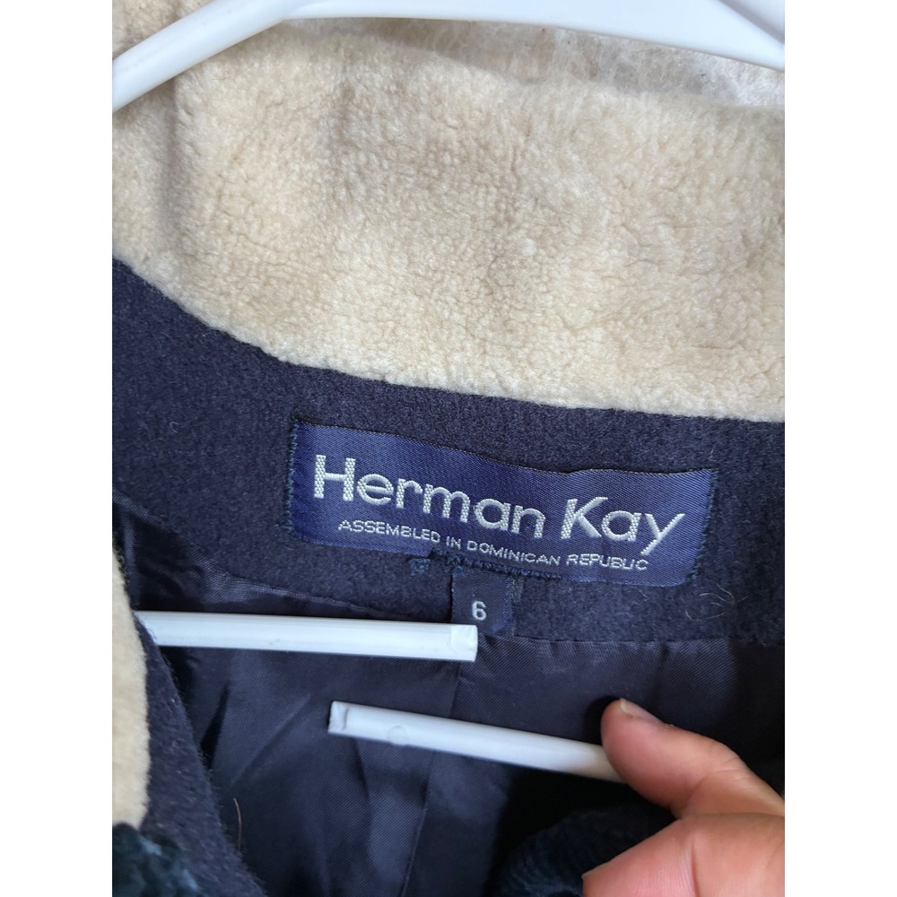 Herman Kay Wool Blend Colorblock Jacket Navy Cream Grey Vintage Size 6 - Picture 4 of 10